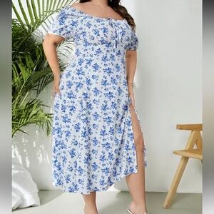 SHEIN Blue Floral Off-Shoulder Dress